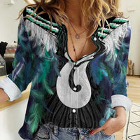 Aotearoa Korowai Motif Women Casual Shirt Hei Matau Poutama Maori Pattern