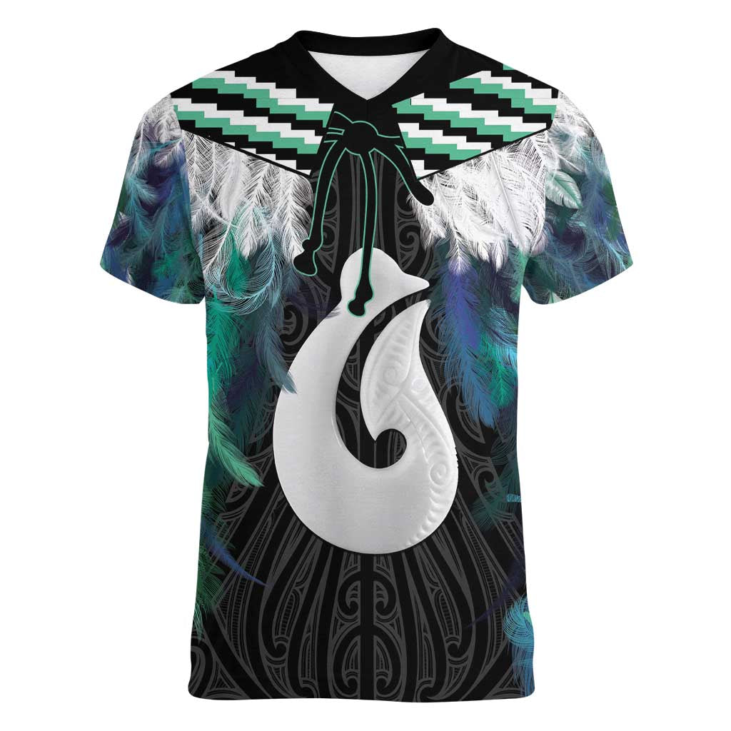 Aotearoa Korowai Motif Women V-Neck T-Shirt Hei Matau Poutama Maori Pattern LT14 Female Turquoise - Polynesian Pride
