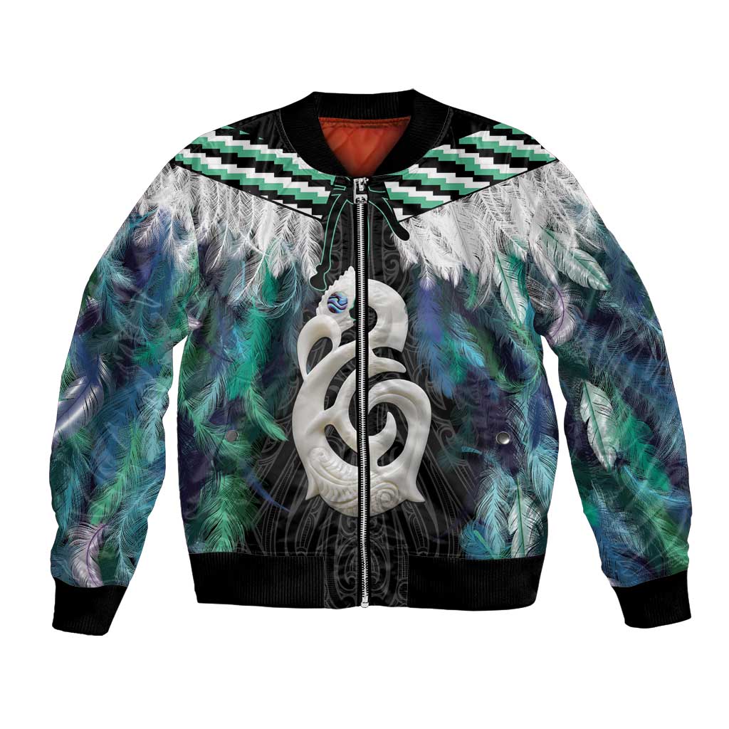 Aotearoa Korowai Motif Bomber Jacket Hei Manaia Poutama Maori Pattern LT14 Unisex Turquoise - Polynesian Pride