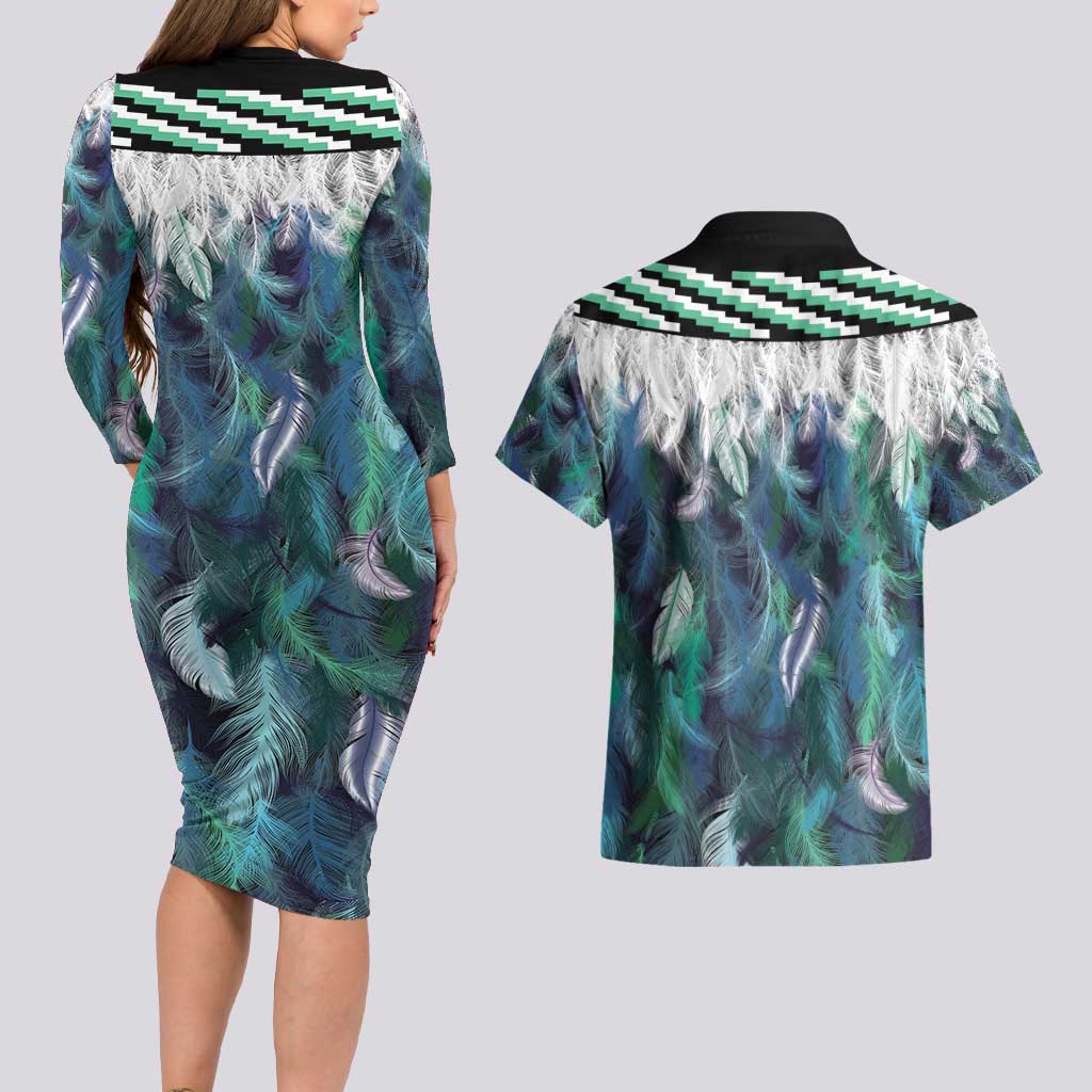 Aotearoa Korowai Motif Couples Matching Long Sleeve Bodycon Dress and Hawaiian Shirt Hei Manaia Poutama Maori Pattern LT14 - Polynesian Pride