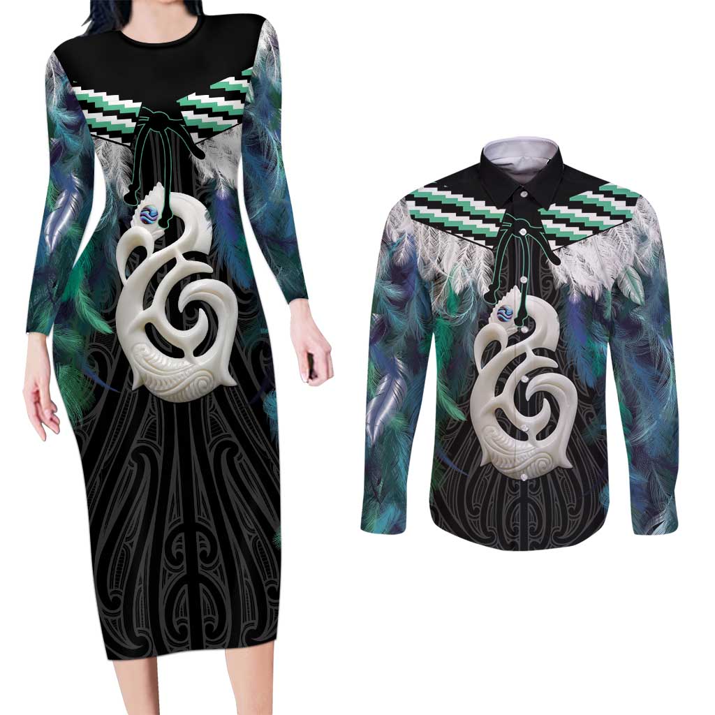 Aotearoa Korowai Motif Couples Matching Long Sleeve Bodycon Dress and Long Sleeve Button Shirt Hei Manaia Poutama Maori Pattern LT14 Turquoise - Polynesian Pride