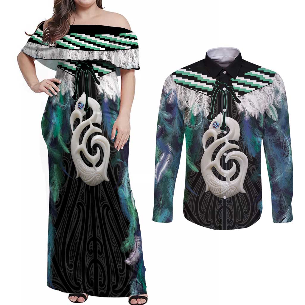 Aotearoa Korowai Motif Couples Matching Off Shoulder Maxi Dress and Long Sleeve Button Shirt Hei Manaia Poutama Maori Pattern LT14 Turquoise - Polynesian Pride