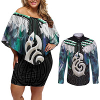 Aotearoa Korowai Motif Couples Matching Off Shoulder Short Dress and Long Sleeve Button Shirt Hei Manaia Poutama Maori Pattern LT14 Turquoise - Polynesian Pride