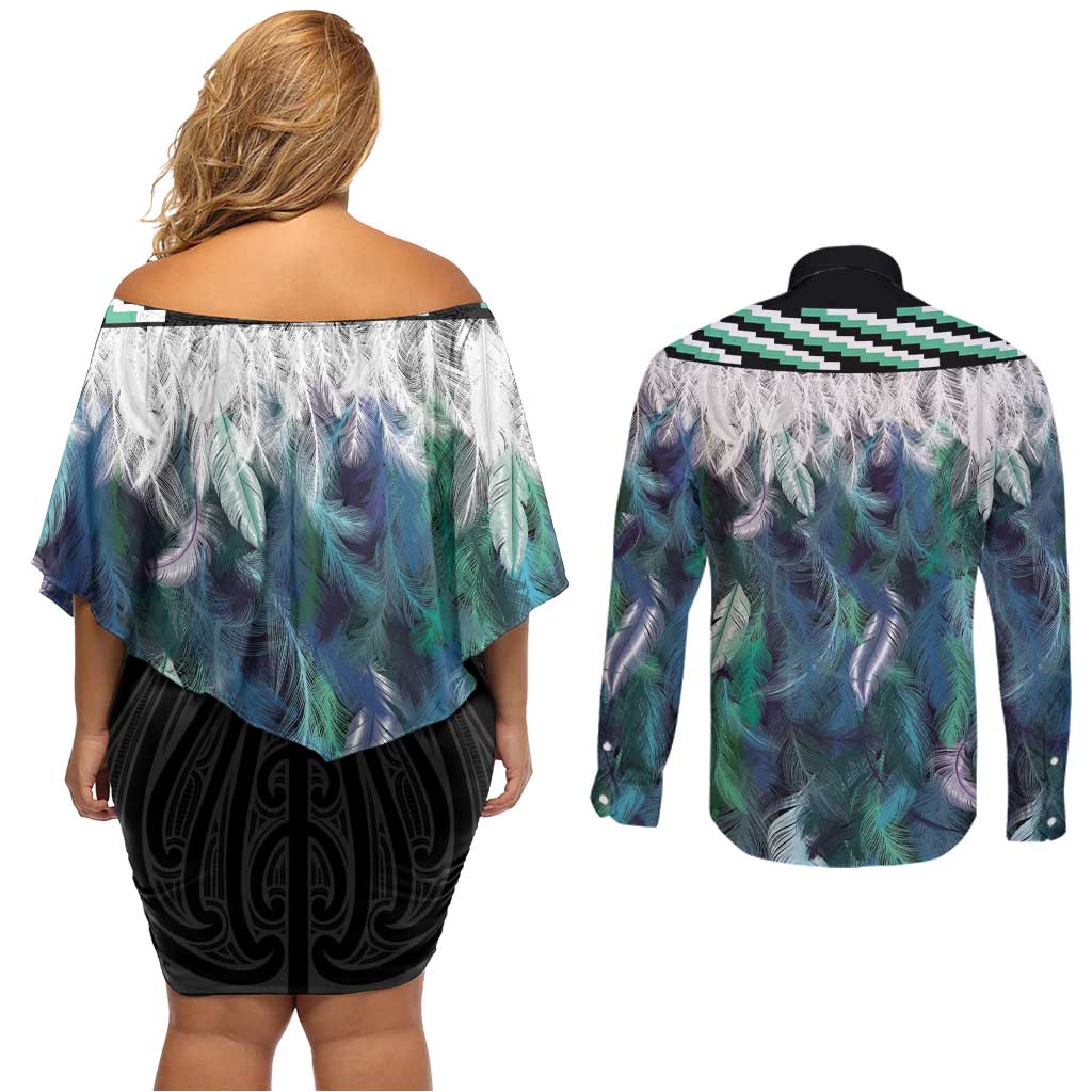 Aotearoa Korowai Motif Couples Matching Off Shoulder Short Dress and Long Sleeve Button Shirt Hei Manaia Poutama Maori Pattern LT14 - Polynesian Pride