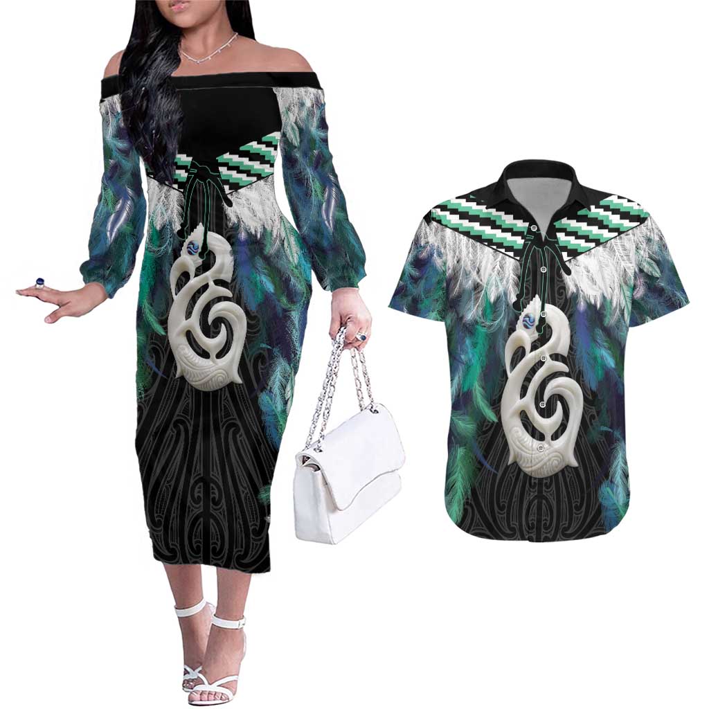 Aotearoa Korowai Motif Couples Matching Off The Shoulder Long Sleeve Dress and Hawaiian Shirt Hei Manaia Poutama Maori Pattern