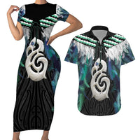 Aotearoa Korowai Motif Couples Matching Short Sleeve Bodycon Dress and Hawaiian Shirt Hei Manaia Poutama Maori Pattern LT14 Turquoise - Polynesian Pride