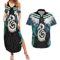 Aotearoa Korowai Motif Couples Matching Summer Maxi Dress and Hawaiian Shirt Hei Manaia Poutama Maori Pattern LT14 Turquoise - Polynesian Pride