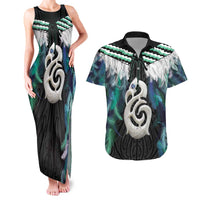 Aotearoa Korowai Motif Couples Matching Tank Maxi Dress and Hawaiian Shirt Hei Manaia Poutama Maori Pattern LT14 Turquoise - Polynesian Pride