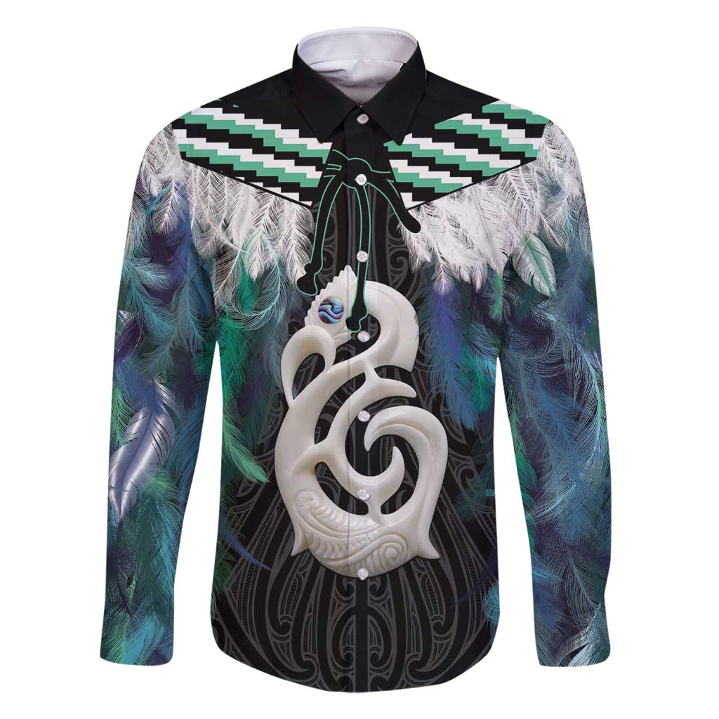 Aotearoa Korowai Motif Family Matching Long Sleeve Bodycon Dress and Hawaiian Shirt Hei Manaia Poutama Maori Pattern LT14 Dad's Shirt - Long Sleeve Turquoise - Polynesian Pride