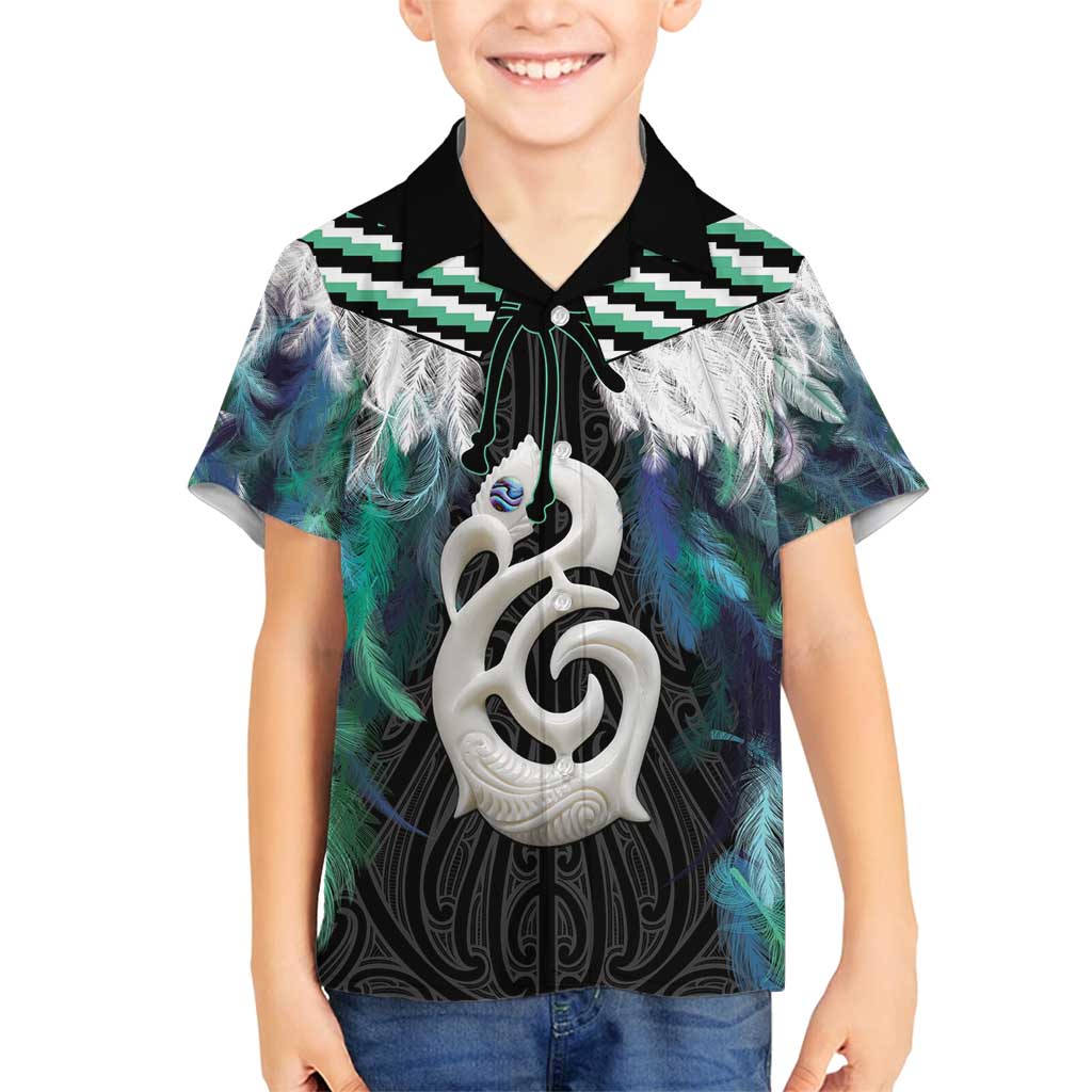 Aotearoa Korowai Motif Family Matching Long Sleeve Bodycon Dress and Hawaiian Shirt Hei Manaia Poutama Maori Pattern LT14 Son's Shirt Turquoise - Polynesian Pride