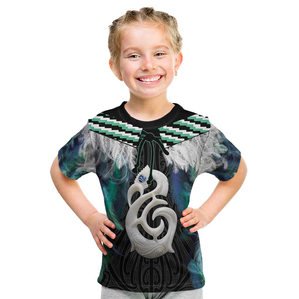 Aotearoa Korowai Motif Kid T Shirt Hei Manaia Poutama Maori Pattern LT14 Turquoise - Polynesian Pride