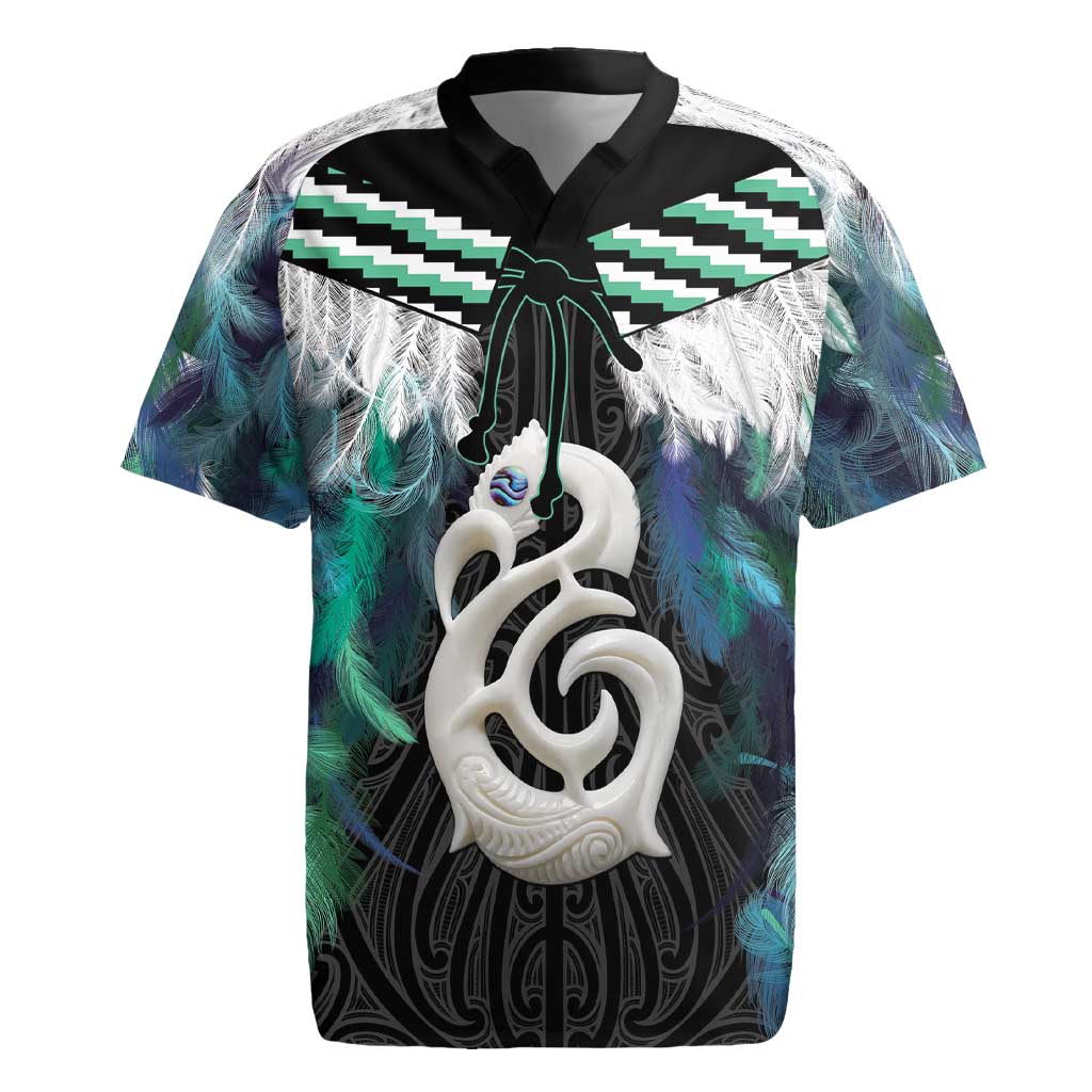 Aotearoa Korowai Motif Rugby Jersey Hei Manaia Poutama Maori Pattern LT14 Turquoise - Polynesian Pride