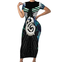 Aotearoa Korowai Motif Short Sleeve Bodycon Dress Hei Manaia Poutama Maori Pattern