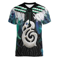 Aotearoa Korowai Motif Women V-Neck T-Shirt Hei Manaia Poutama Maori Pattern LT14 Female Turquoise - Polynesian Pride
