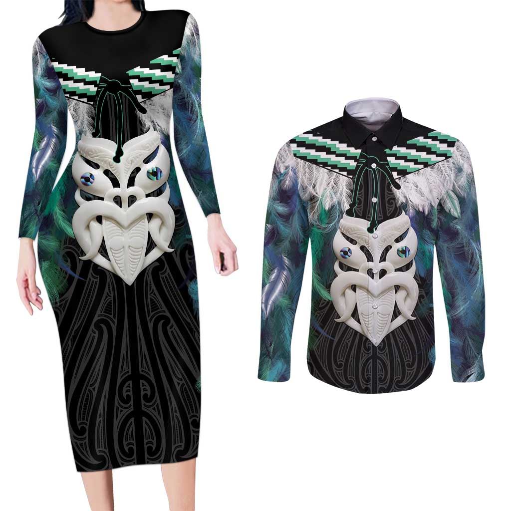 Aotearoa Korowai Motif Couples Matching Long Sleeve Bodycon Dress and Long Sleeve Button Shirt Maori Wheku Poutama