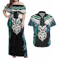 Aotearoa Korowai Motif Couples Matching Off Shoulder Maxi Dress and Hawaiian Shirt Maori Wheku Poutama LT14 Turquoise - Polynesian Pride