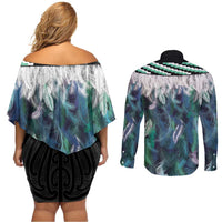 Aotearoa Korowai Motif Couples Matching Off Shoulder Short Dress and Long Sleeve Button Shirt Maori Wheku Poutama LT14 - Polynesian Pride
