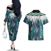 Aotearoa Korowai Motif Couples Matching Off The Shoulder Long Sleeve Dress and Hawaiian Shirt Maori Wheku Poutama