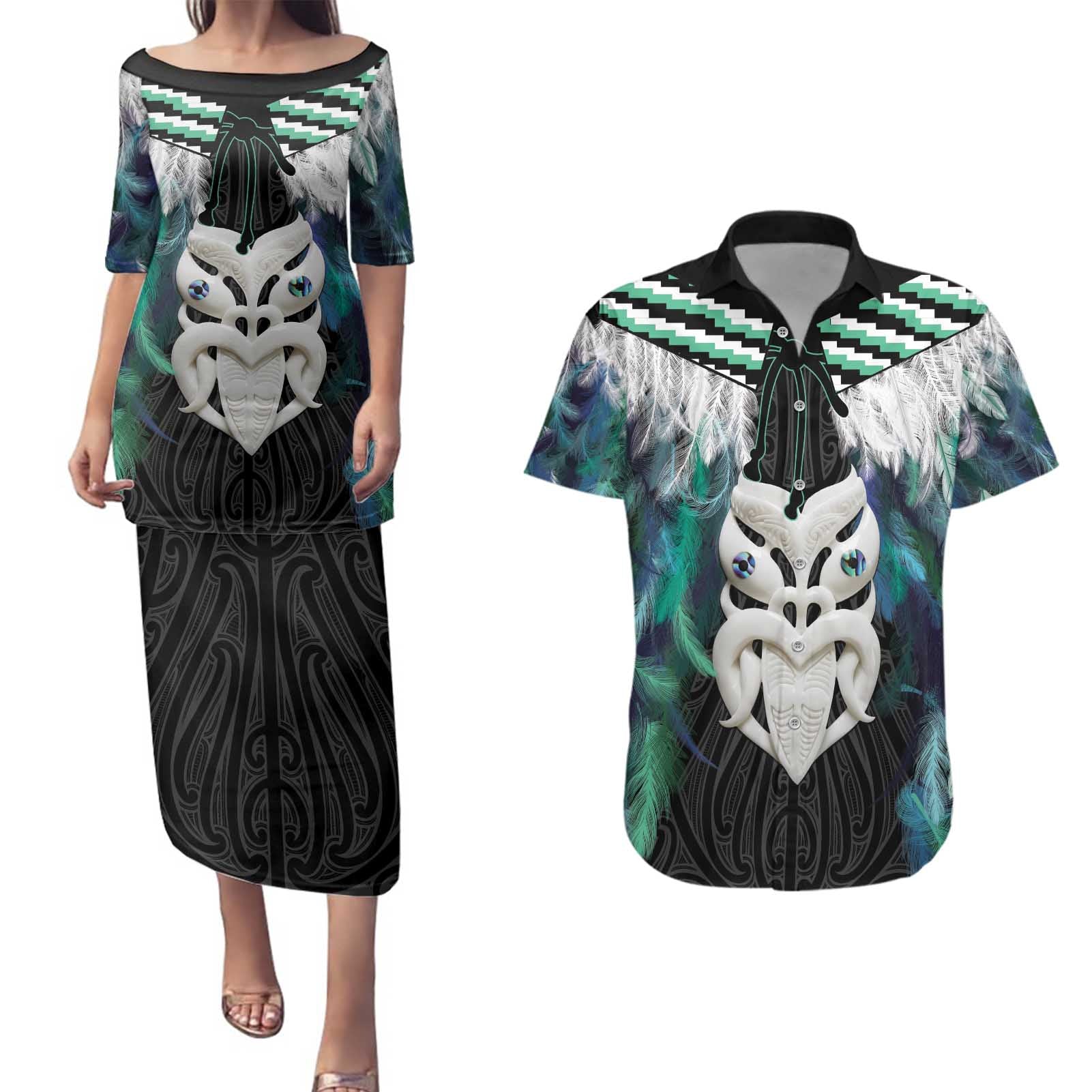 Aotearoa Korowai Motif Couples Matching Puletasi and Hawaiian Shirt Maori Wheku Poutama