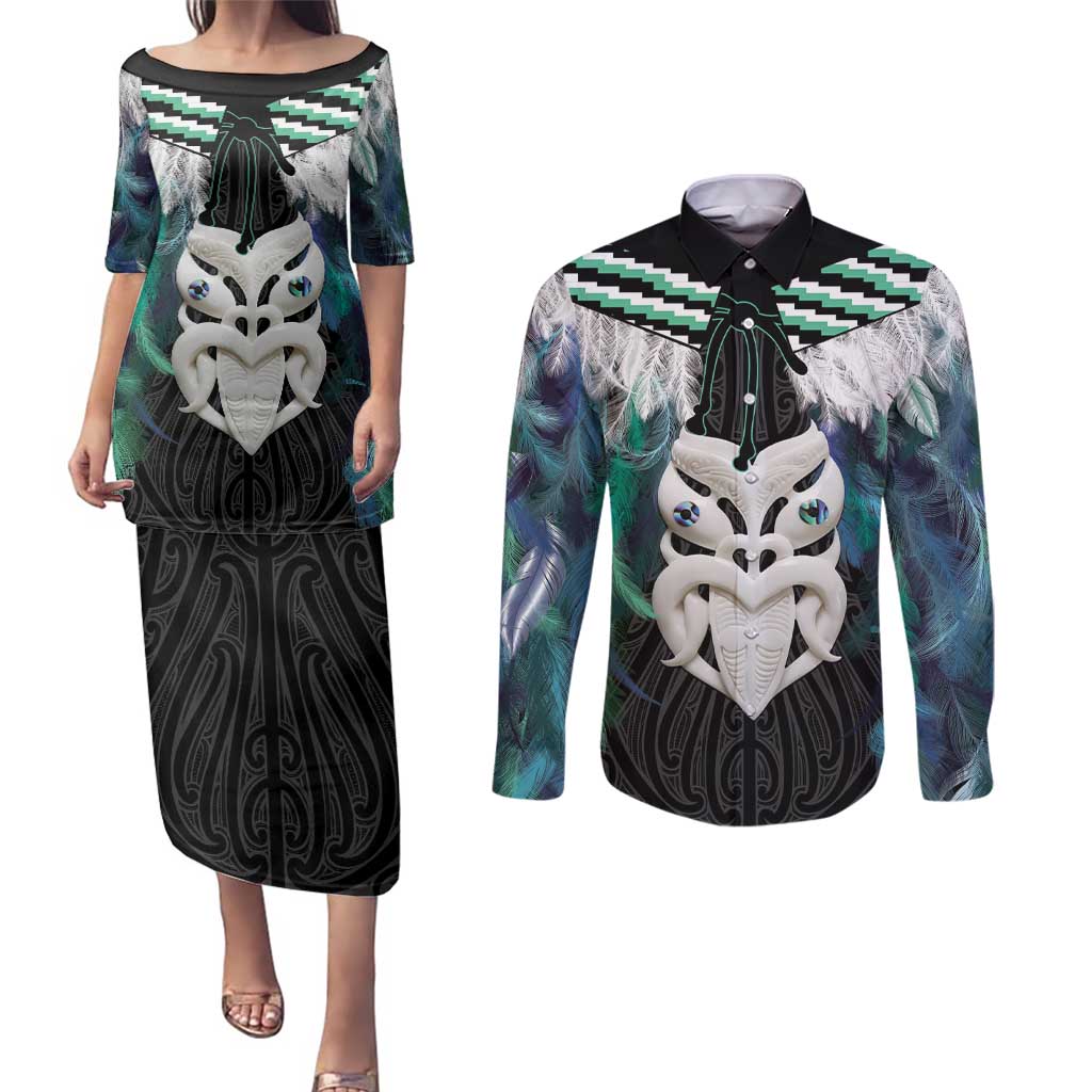 Aotearoa Korowai Motif Couples Matching Puletasi and Long Sleeve Button Shirt Maori Wheku Poutama