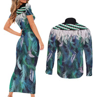 Aotearoa Korowai Motif Couples Matching Short Sleeve Bodycon Dress and Long Sleeve Button Shirt Maori Wheku Poutama