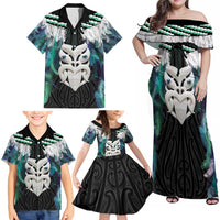 Aotearoa Korowai Motif Family Matching Off Shoulder Maxi Dress and Hawaiian Shirt Maori Wheku Poutama LT14 - Polynesian Pride