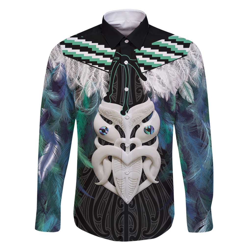 Aotearoa Korowai Motif Family Matching Puletasi and Hawaiian Shirt Maori Wheku Poutama LT14 Dad's Shirt - Long Sleeve Turquoise - Polynesian Pride