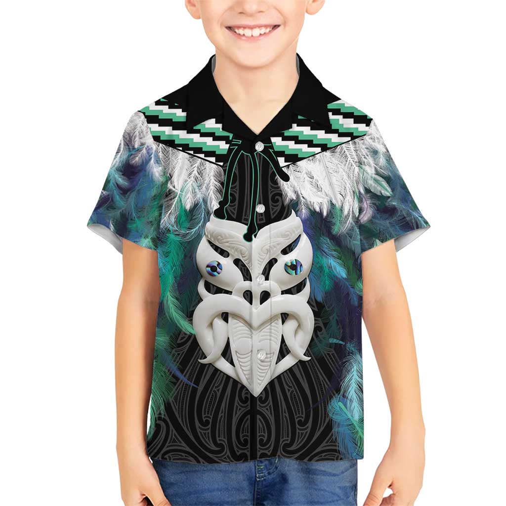 Aotearoa Korowai Motif Family Matching Summer Maxi Dress and Hawaiian Shirt Maori Wheku Poutama LT14 Son's Shirt Turquoise - Polynesian Pride