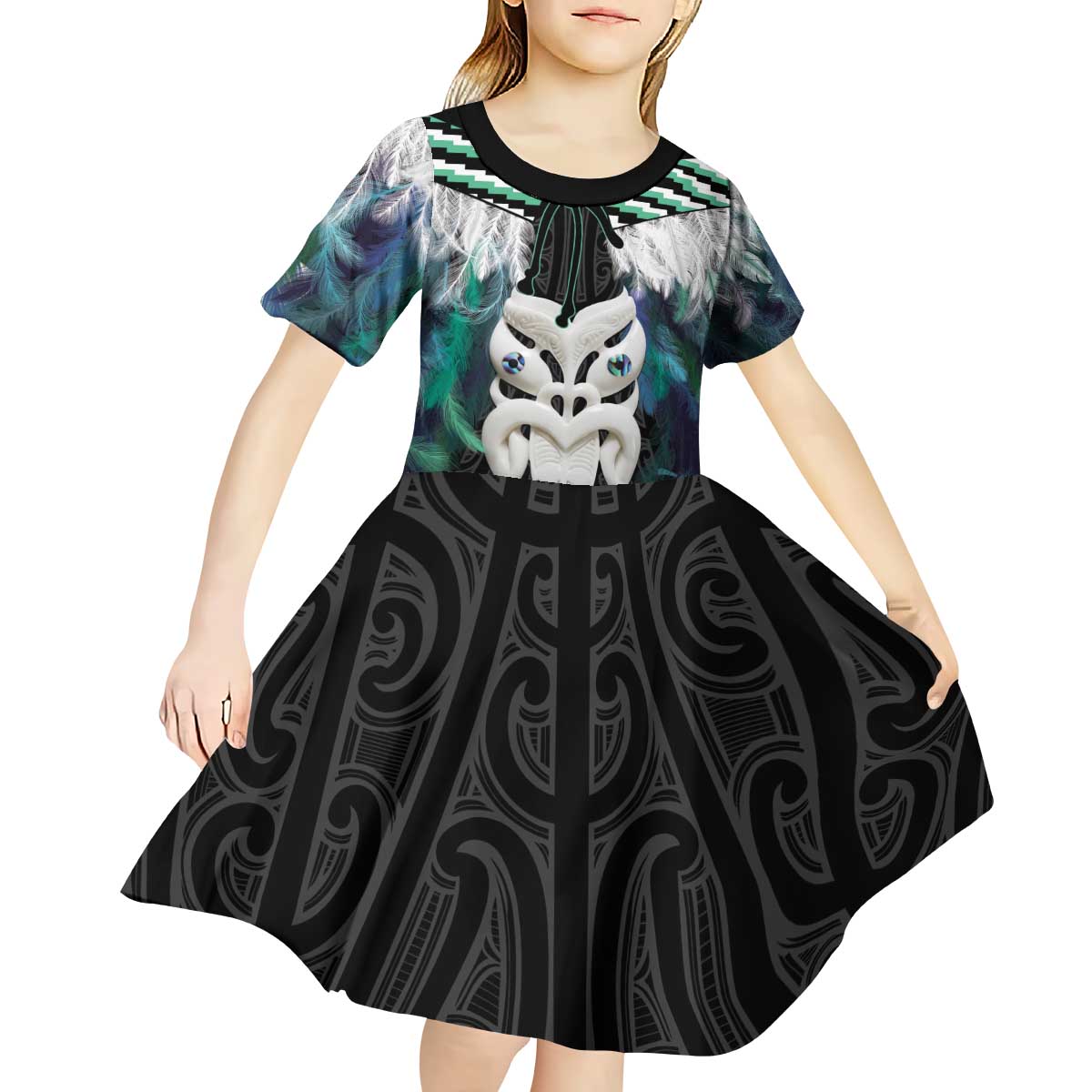 Aotearoa Korowai Motif Kid Short Sleeve Dress Maori Wheku Poutama
