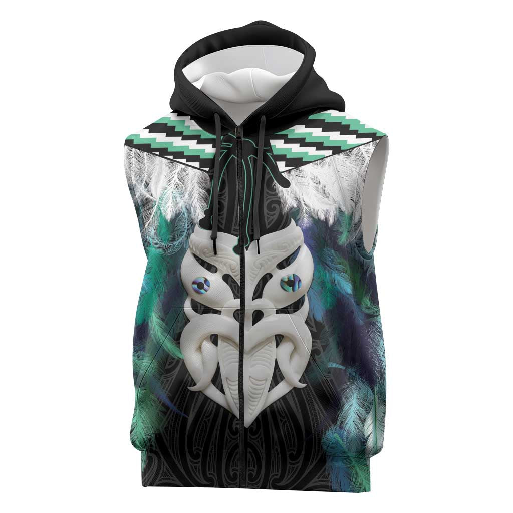 Aotearoa Korowai Motif Sleeveless Zip Hoodie Maori Wheku Poutama LT14 Turquoise - Polynesian Pride