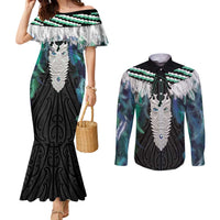 Aotearoa Korowai Motif Couples Matching Mermaid Dress and Long Sleeve Button Shirt Maori Tane Poutama LT14 Turquoise - Polynesian Pride