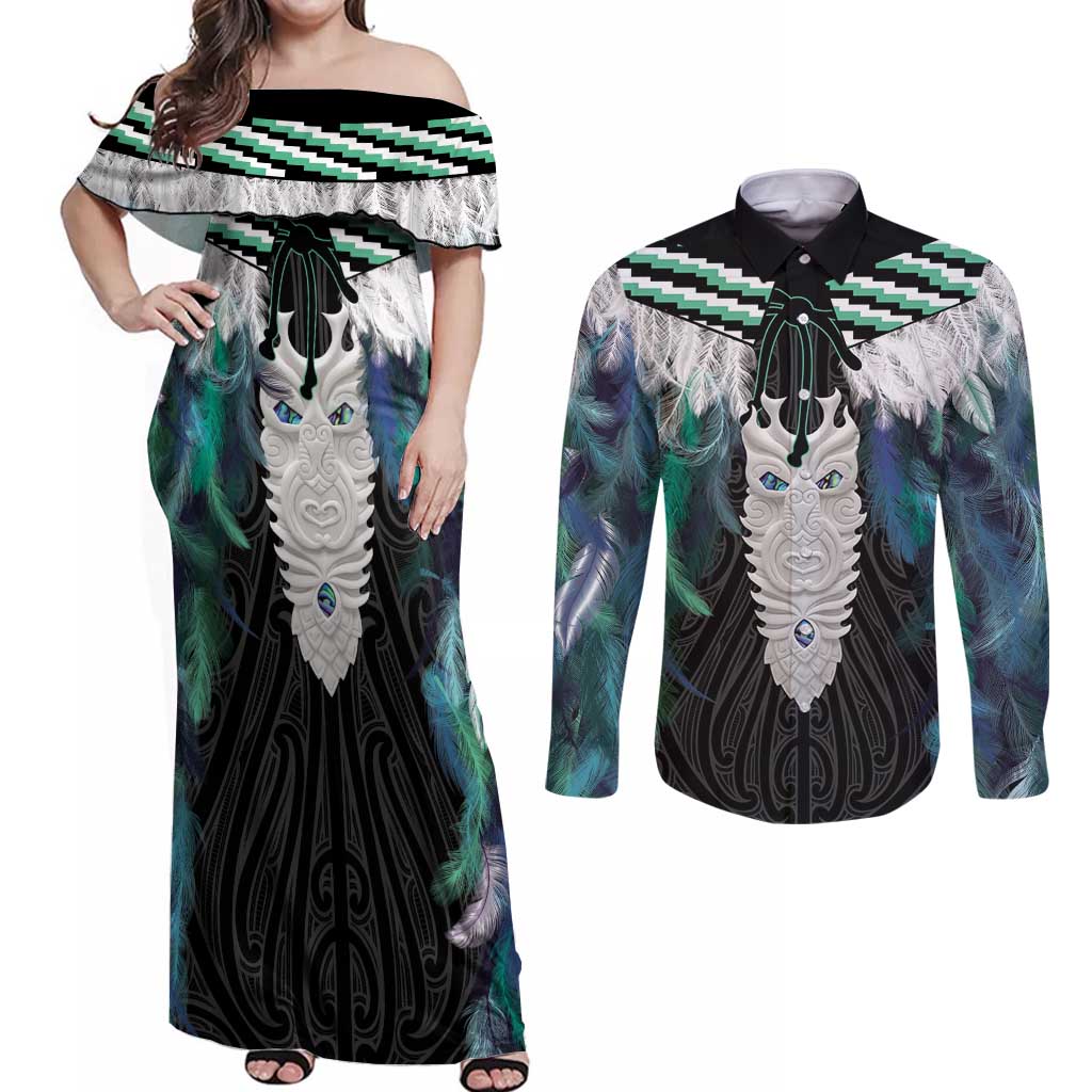 Aotearoa Korowai Motif Couples Matching Off Shoulder Maxi Dress and Long Sleeve Button Shirt Maori Tane Poutama LT14 Turquoise - Polynesian Pride