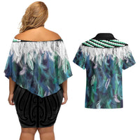 Aotearoa Korowai Motif Couples Matching Off Shoulder Short Dress and Hawaiian Shirt Maori Tane Poutama