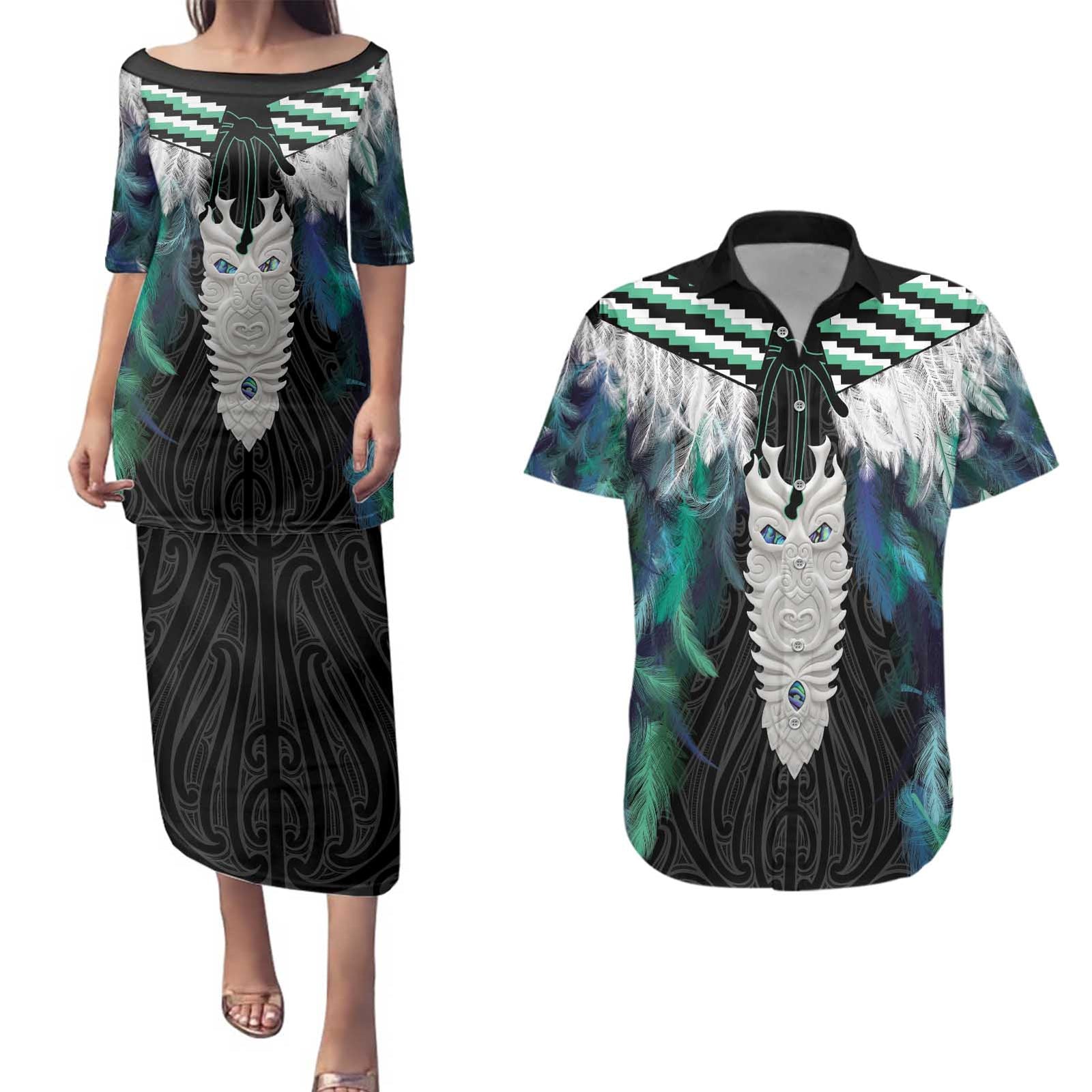 Aotearoa Korowai Motif Couples Matching Puletasi and Hawaiian Shirt Maori Tane Poutama LT14 Turquoise - Polynesian Pride