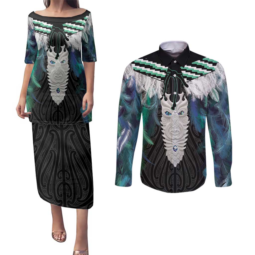 Aotearoa Korowai Motif Couples Matching Puletasi and Long Sleeve Button Shirt Maori Tane Poutama LT14 Turquoise - Polynesian Pride