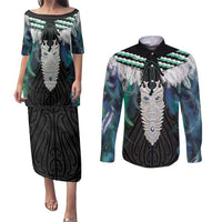Aotearoa Korowai Motif Couples Matching Puletasi and Long Sleeve Button Shirt Maori Tane Poutama LT14 Turquoise - Polynesian Pride