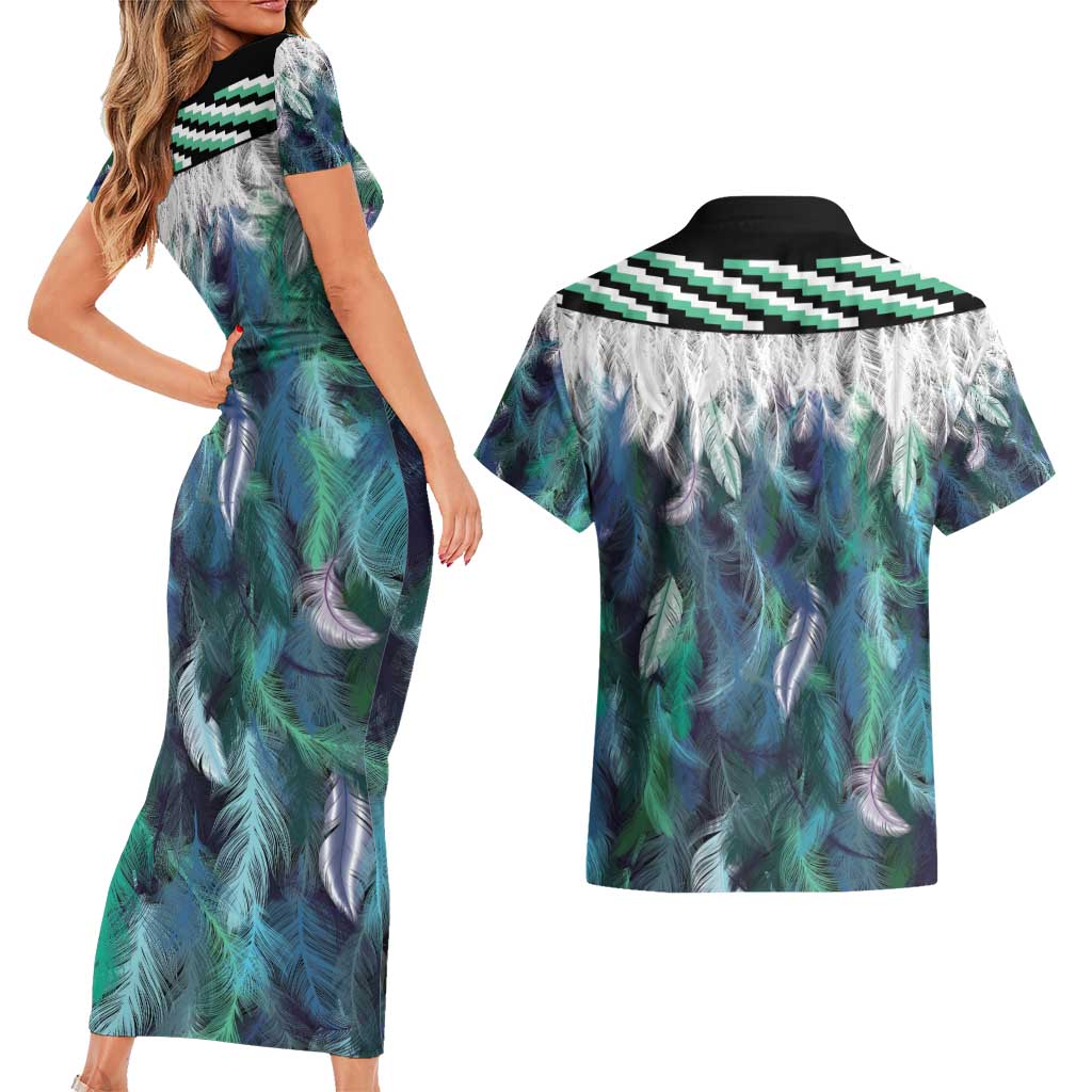 Aotearoa Korowai Motif Couples Matching Short Sleeve Bodycon Dress and Hawaiian Shirt Maori Tane Poutama