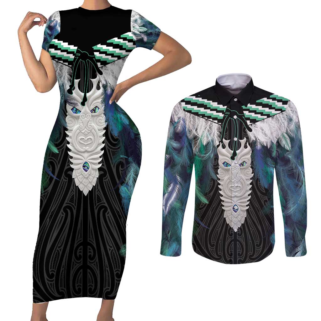 Aotearoa Korowai Motif Couples Matching Short Sleeve Bodycon Dress and Long Sleeve Button Shirt Maori Tane Poutama LT14 Turquoise - Polynesian Pride