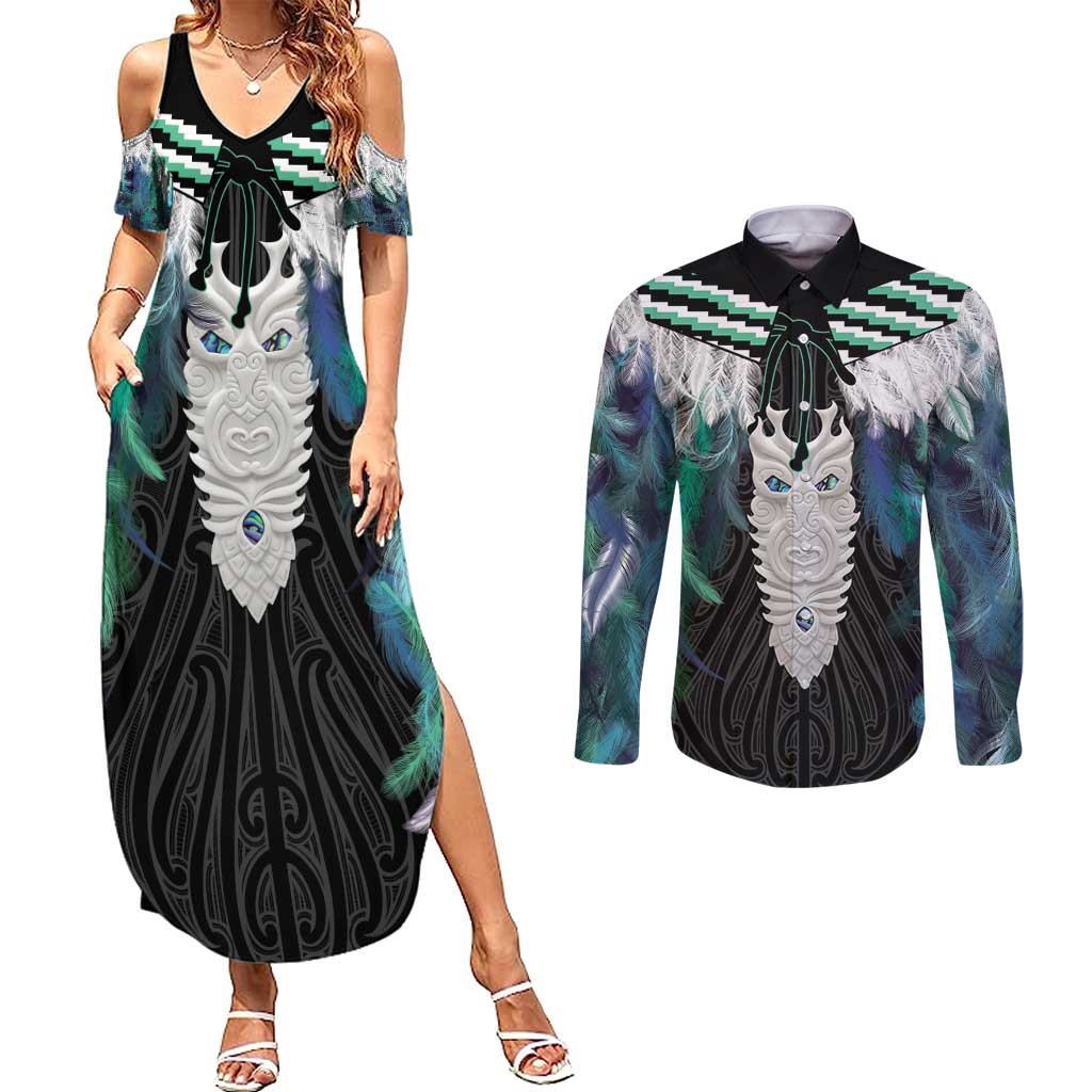 Aotearoa Korowai Motif Couples Matching Summer Maxi Dress and Long Sleeve Button Shirt Maori Tane Poutama LT14 Turquoise - Polynesian Pride