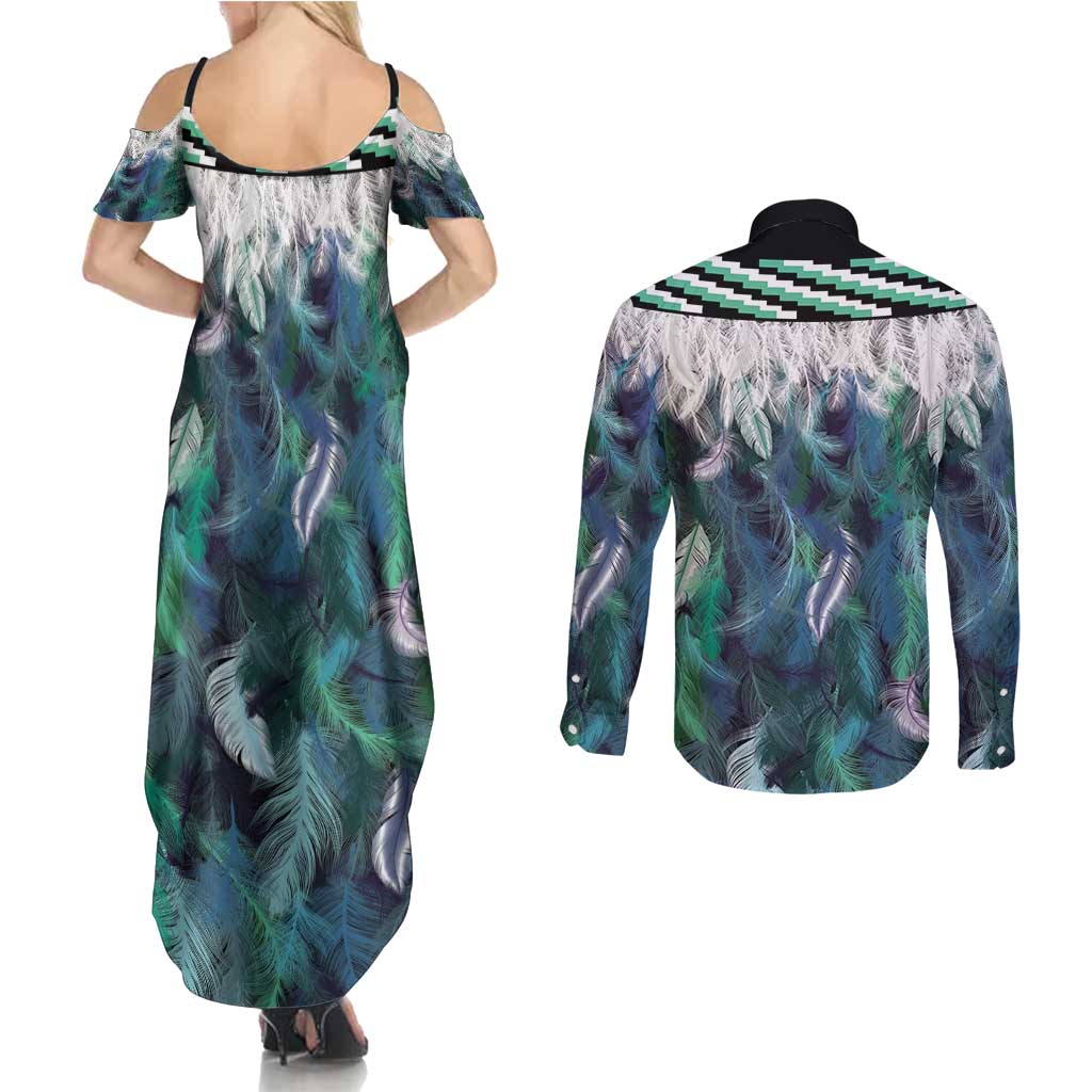 Aotearoa Korowai Motif Couples Matching Summer Maxi Dress and Long Sleeve Button Shirt Maori Tane Poutama LT14 - Polynesian Pride