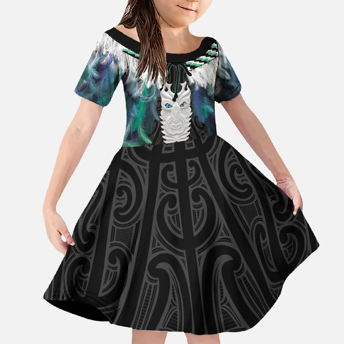 Aotearoa Korowai Motif Family Matching Off The Shoulder Long Sleeve Dress and Hawaiian Shirt Maori Tane Poutama