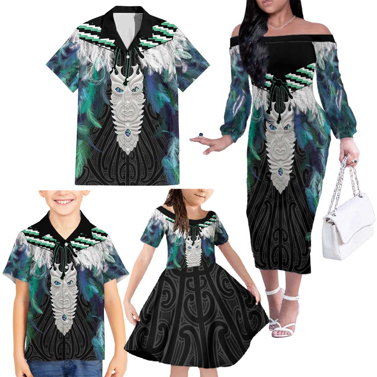 Aotearoa Korowai Motif Family Matching Off The Shoulder Long Sleeve Dress and Hawaiian Shirt Maori Tane Poutama