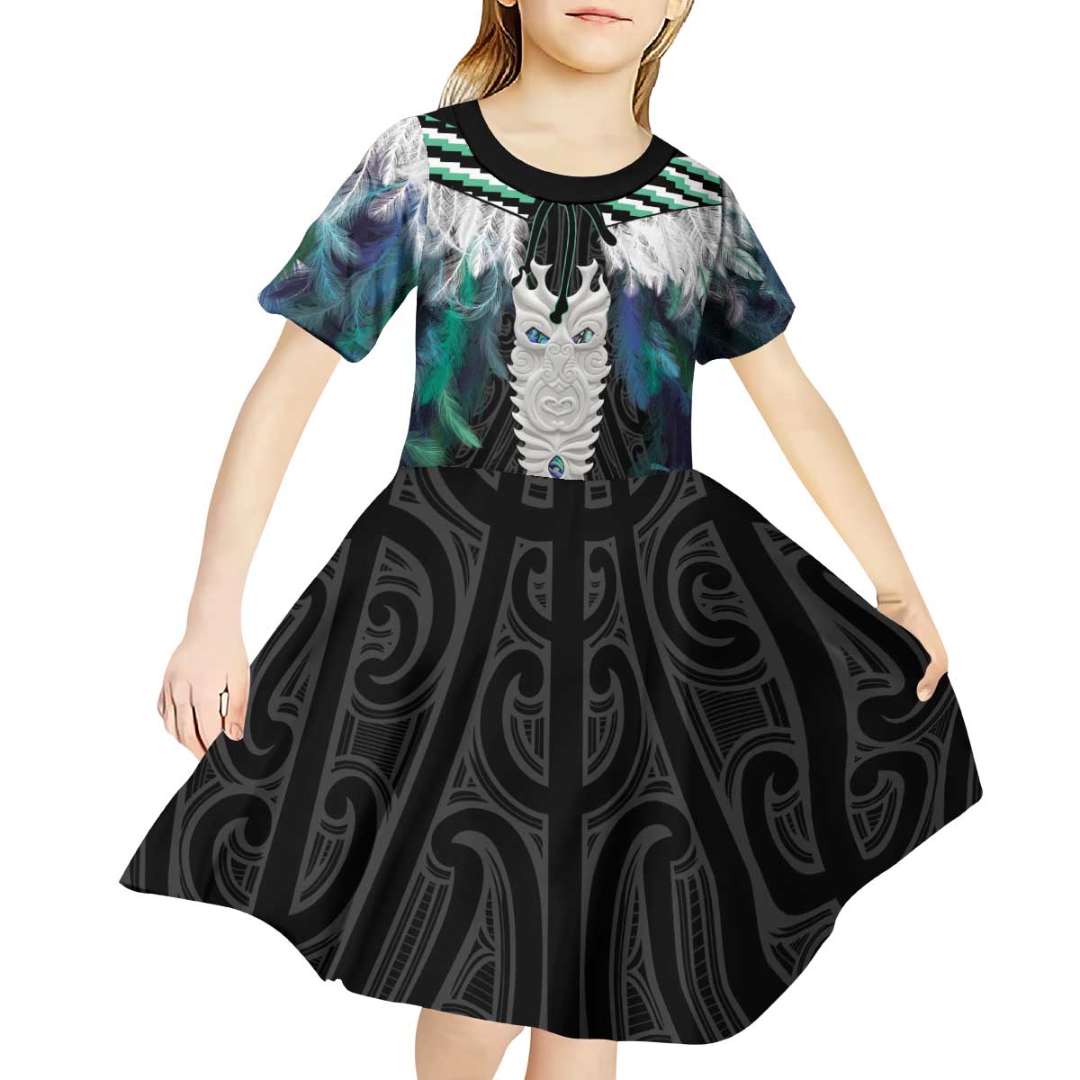 Aotearoa Korowai Motif Kid Short Sleeve Dress Maori Tane Poutama