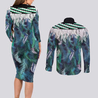 Aotearoa Korowai Motif Couples Matching Long Sleeve Bodycon Dress and Long Sleeve Button Shirt Maori Koru Poutama LT14 - Polynesian Pride