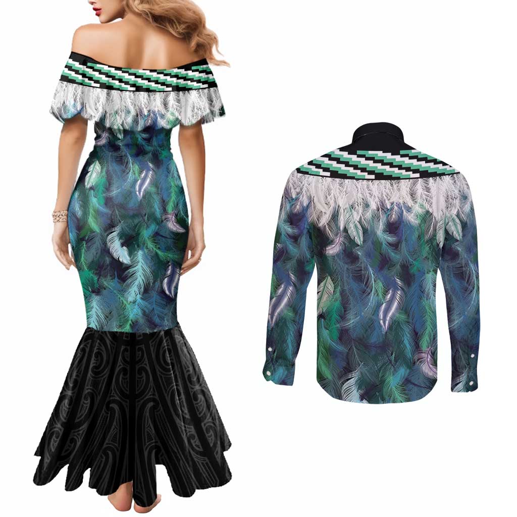 Aotearoa Korowai Motif Couples Matching Mermaid Dress and Long Sleeve Button Shirt Maori Koru Poutama LT14 - Polynesian Pride