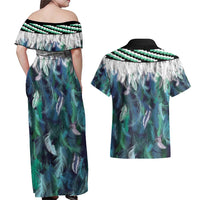 Aotearoa Korowai Motif Couples Matching Off Shoulder Maxi Dress and Hawaiian Shirt Maori Koru Poutama LT14 - Polynesian Pride
