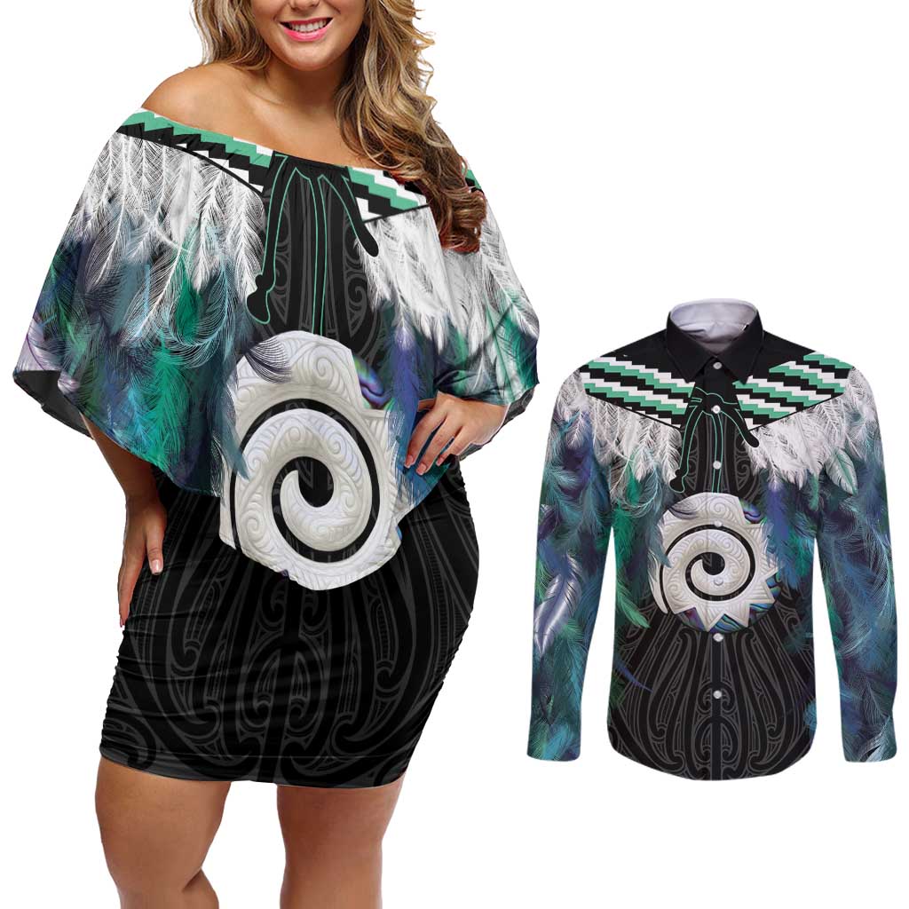 Aotearoa Korowai Motif Couples Matching Off Shoulder Short Dress and Long Sleeve Button Shirt Maori Koru Poutama LT14 Turquoise - Polynesian Pride