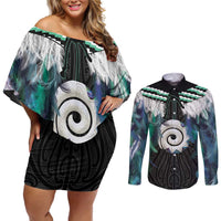 Aotearoa Korowai Motif Couples Matching Off Shoulder Short Dress and Long Sleeve Button Shirt Maori Koru Poutama LT14 Turquoise - Polynesian Pride