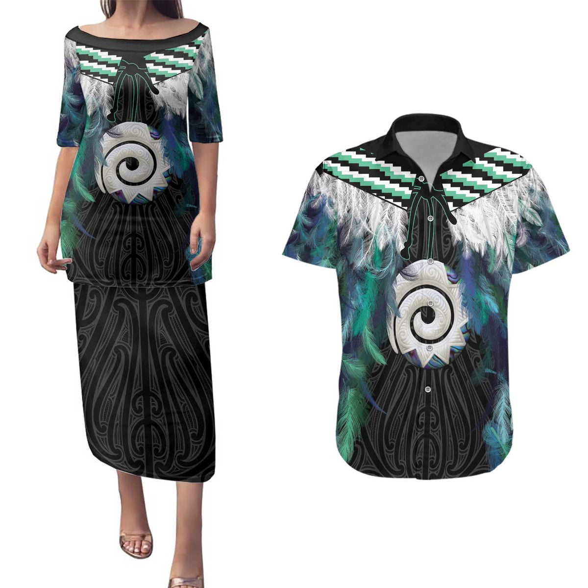 Aotearoa Korowai Motif Couples Matching Puletasi and Hawaiian Shirt Maori Koru Poutama LT14 Turquoise - Polynesian Pride