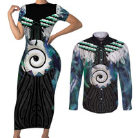 Aotearoa Korowai Motif Couples Matching Short Sleeve Bodycon Dress and Long Sleeve Button Shirt Maori Koru Poutama LT14 Turquoise - Polynesian Pride